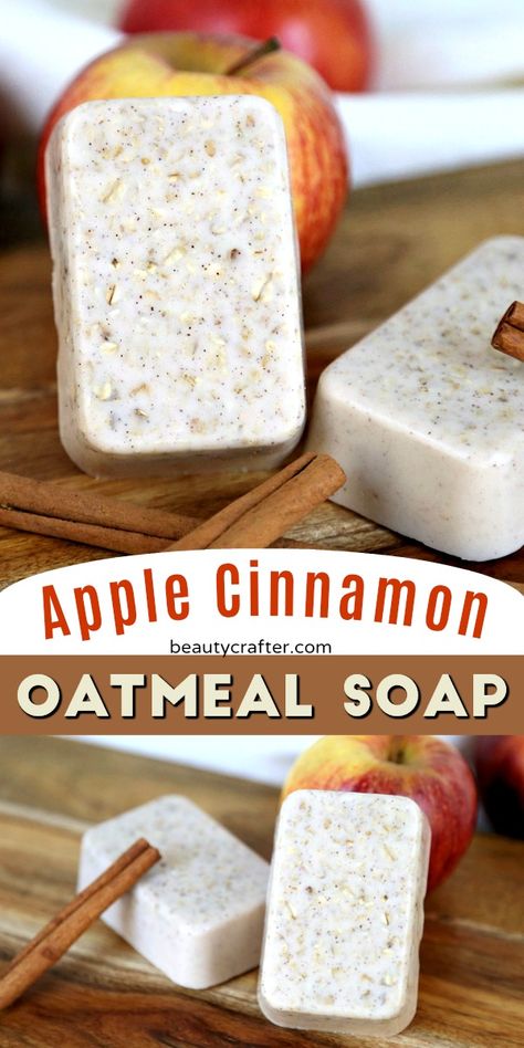 Apple Cinnamon Oatmeal Soap Recipe, Apple Cinnamon Soap Recipe, Melt And Pour Oatmeal Soap Recipes, Oatmeal Soap Diy, Apple Cinnamon Melt And Pour Soap, Homemade Fall Soap Recipes, Apple Cinnamon Oatmeal Soap, Homemade Bar Soap With Essential Oils, Acv Soap Recipe