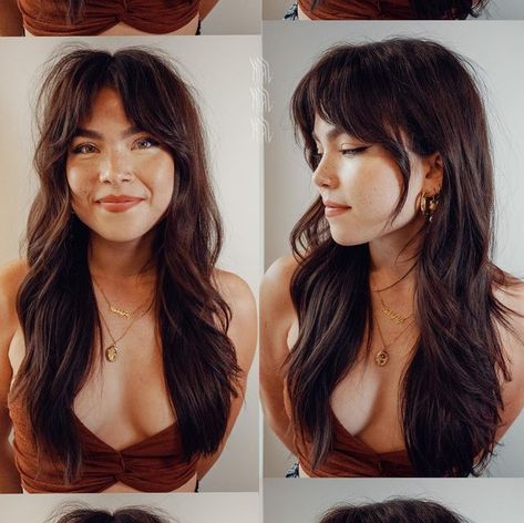 Long Shag Haircut With Fringe, Straight Wolfcut, Haircut Wavy Hair, Wolfcut Long, Long Wolfcut Haircut With Bangs, Haircut Wavy, Bangs Straight, Haircut With Bangs, Long Wolfcut Haircut