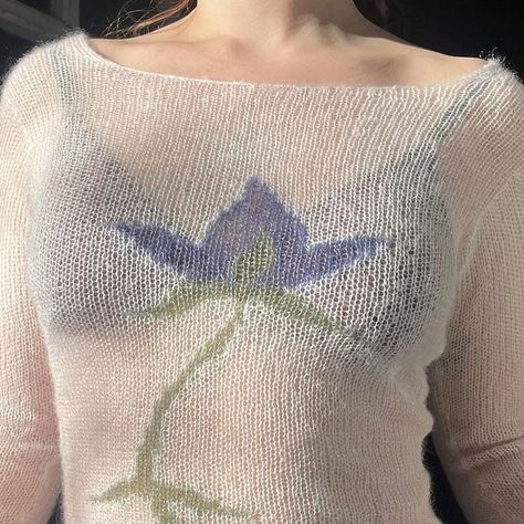 Acrylic Knitting Patterns, Knit Going Out Top, Distressed Knitwear, Knitting Intarsia, Knit Wardrobe, Knit Aesthetic, Crochet Flower Top, Mohair Top, Mohair Knitting