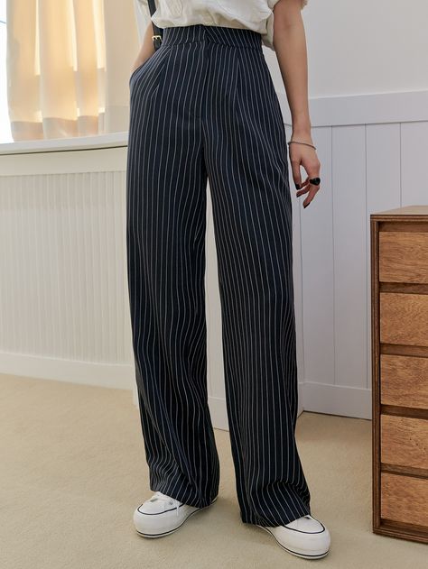 Black    Polyester Striped   Non-Stretch All Women Suits Blue Pants With White Stripes Outfit, Black Striped Trousers Outfit, Blue And White Striped Trousers Outfit, Black And White Stripe Pants Outfit, Striped Pants Outfit Women, Black Striped Pants Outfit, Black And White Striped Pants Outfit, Tailored Trousers Women, Pinstripe Trousers Outfit