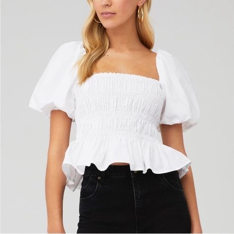 ASTR the label Savina Bubble Sleeve Top White Square Neck Top, White Puff Sleeve Top, Chiffon Lace Blouse, Puffy Sleeve Top, Bubble Sleeve Top, Short Faux Fur Jacket, Leather Bustier, Fall Blouse, Cold Shoulder Lace