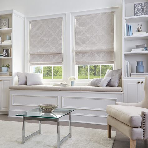 Roman Shades Bay Window, Shades Bay Window, Bay Window Living Room, Damask Design, Roman Shade, Shades Blinds, Understated Elegance, Instruction Manual, Room Darkening