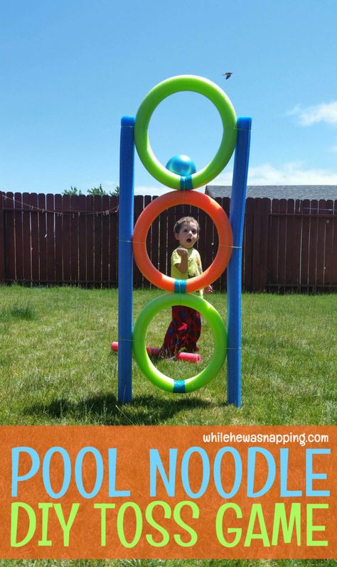 Lots of Activities for Kids Using Pool Noodles - Six Clever Sisters Pool Noodle Ring Toss, Fun School Carnival Games, Penny Toss Carnival Game, Outdoor Family Games Summer Ideas, School Carnival Games Diy, Carnival Ideas For Kids, Pool Noodle Arch Diy, Spring Carnival Games, Spring Carnival Ideas