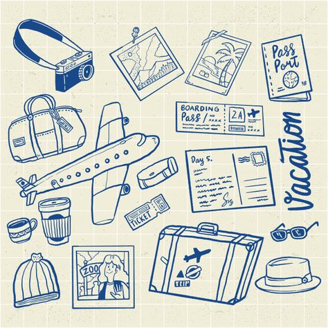 Travel Aesthetic Graphic Design, Travel Art Aesthetic, Bon Voyage Illustration, Travel Aesthetic Cartoon, Travel Pattern Illustration, Travel Art Illustration, Travel Board Ideas, Travel Cartoon Illustration, Traveling Drawings