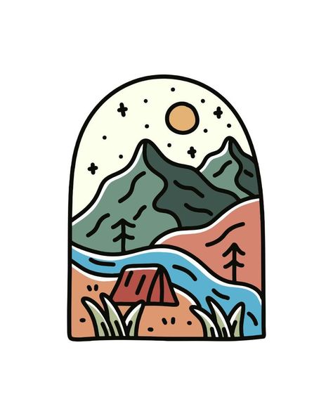 mono line of camping mountain outdoor wildlife for t-shirt, sticker, and badge design vector Mountain Linocut, Mountain Tshirt Design, Camping Drawing, Tshirt Sticker, Weird Stickers, Camp Logo, Draw Logo, Sticker Design Inspiration, Design Camp