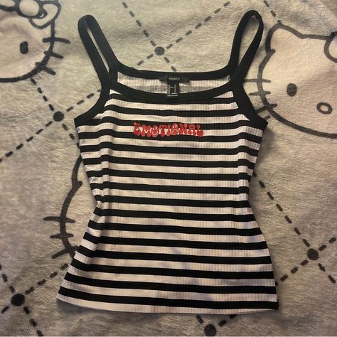Forever 21 Grunge Striped Black And White Emotional Graphic Tank Top In Size Small. Brand New, Perfect Condition! Approx Measurements (Laying Flat): Armpit To Armpit: 14.5’ Length (Including Shoulder Straps): 21’ Emo Grunge Goth Streetwear Trendy Y2k Cute Black Y2k Striped Shirt, Grunge Clothes Women, Black And White Tank Top, Grunge Tops 90s, Street Wear Tops, Emo Swimwear, Black And White Striped Shirt Outfit, Emo Tank Top, Harajuku Style Outfits