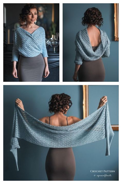 Crochet Shrug Sweater Pattern Free, Silk Yarn Crochet Patterns, Knit Sweater Scarf, Lace Sweater Crochet, Crochet Cosplay, Crochet Wrap Pattern, Crochet Clothes For Women, Knitted Cape, Crochet Sleeve