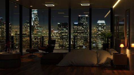 City View Bedroom Aesthetic, City View Apartment Bedroom, Penthouse Night City View, Penthouse View Aesthetic, Bedroom City View Night, City Apartment Aesthetic Night, Nyc Penthouse Bedroom, Penthouse City View, New York Bedroom Aesthetic