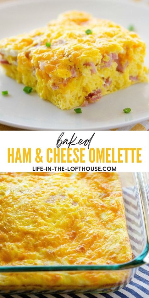 This Baked Ham and Cheese Omelette is the perfect solution when feeding a crowd. Quiche, Omelette Bake Recipe, Fast Egg Breakfast, Omelette For A Crowd, Omelets For A Crowd, Ham And Cheese Omelette Bake, Egg Omelette Casserole, Easy Ham And Cheese Egg Bake, 8x8 Breakfast Casserole