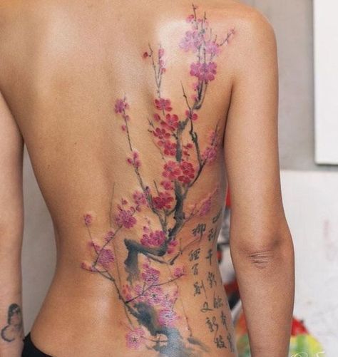 Cherry Blossom Tattoo Under Breast, Butterfly And Cherry Blossom Tattoo, Woman Chest Tattoo Middle, Exotic Tattoos For Women, Zeinab Harake Tattoo, Cherry Blossom Tattoo On Back, Daruma Doll Tattoo, Tattoo Cherry, Celtic Sleeve Tattoos