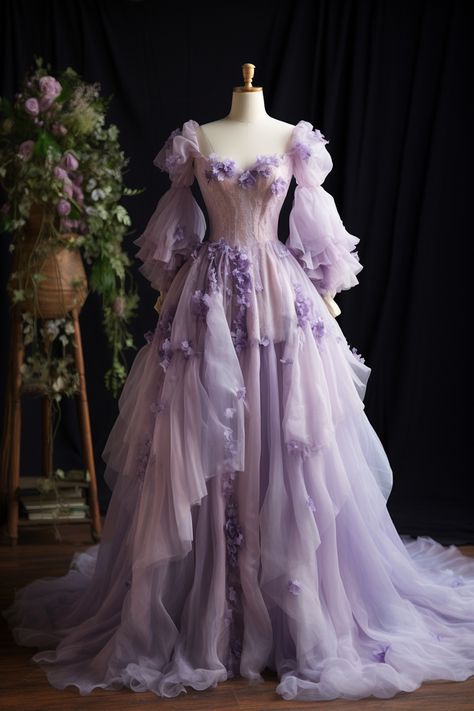 Lavender flower inspired gown Rapunzel Purple Dress, Lavender Gown Aesthetic, Wedding Dress Angel Wings, Tangled Rapunzel Wedding Dress, Flower Gowns Dresses, Fairy Inspired Gown, Fairy Floral Wedding Dress, Enchanted Dress Fairytale, Purple Bridgerton Dress