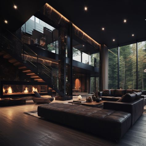 Modern Black Living Room Luxury, Dark And Modern House, Living Room Dark Asthetics, Dark Modern Luxury Living Room, Dark House Aesthetic Modern, Rustic Modern Aesthetic, Dark Modern Home Interior, Dark Forest House Interior, Dark Modern Home Aesthetic