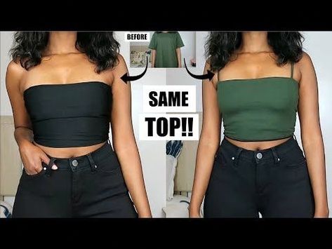 43cca4b3de2097b9558efefd0ecc3588desc54163711ri Turn Tshirts Into Crop Top, Diy Bandeau Top From T Shirt, Tube Top From Tshirt Diy, Diy Tube Top From T Shirt No Sew, How To Make Sleeves, Diy Tube Top From T Shirt, T Shirt Transformation, Shirt Party Outfit, Diy Clothes Tops