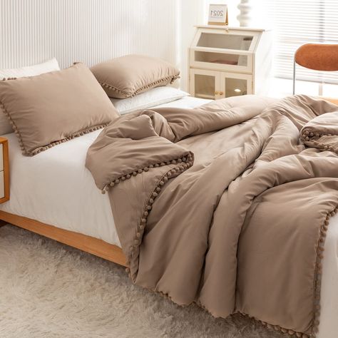 Pom Pom Bedding, Tan Comforter, Tan Bedding, Taupe Comforter, Bedding Aesthetic, Full Size Comforter Sets, Brown Comforter, Taupe Bedding, Comforter Sets Boho