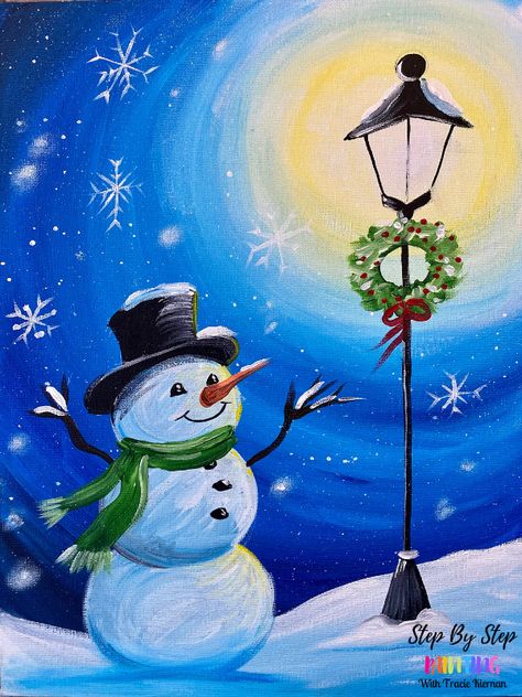 Easy Christmas Paintings - Step By Step Painting With Tracie Kiernan Diy Christmas Paintings, Christmas Canvas Art, Organizator Grafic, Christmas Paintings On Canvas, Canvas Painting Tutorials, Holiday Painting, Snowman Painting, Learn How To Paint, Winter Painting