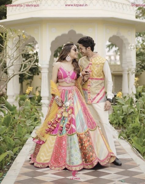 Haldi Groom And Bride Outfit, Carnival Outfit Indian Wedding, Carnival Outfit For Bride, Carnival Wedding Outfit, Haldi Carnival Outfit, Haldi Ceremony Outfit Couple, Haldi Outfit Couple, Haldi Outfits Bride, Sagai Outfit Indian Weddings For Sister