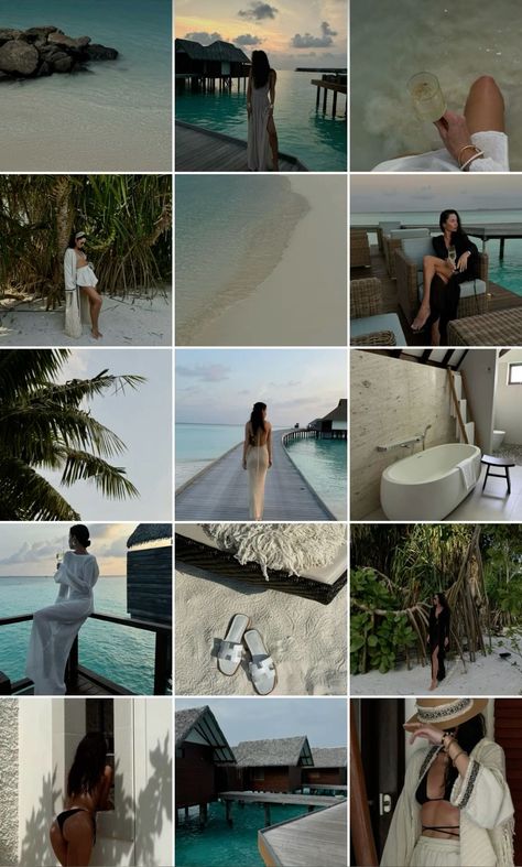 Moodboard Maldives Outfit Aesthetic, Maldives Style Fashion, Vacation Feed Instagram, Maldives Poses For Women, Travel Content Creator Aesthetic, Maldives Story Instagram, Travel Instagram Aesthetic, Summer Sea Photo Ideas, Beach Ig Feed