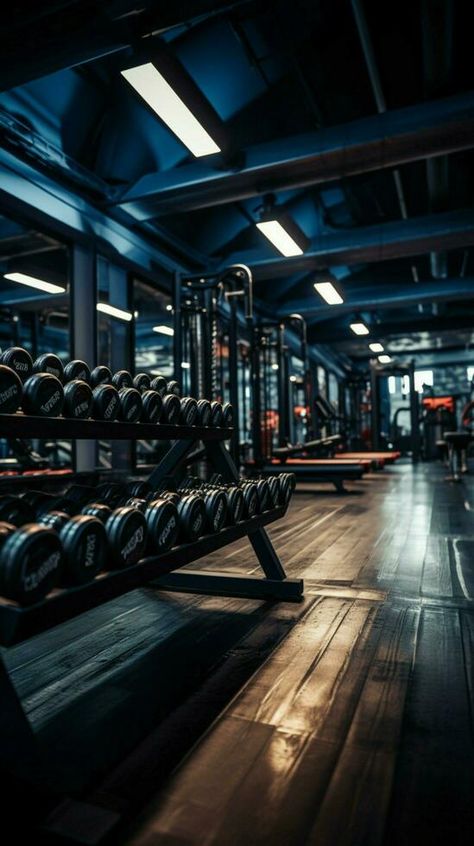 The gym features rows of dumbbells, offering a wide range of weights Vertical Mobile Wallpaper AI Generated Gym, Gym Background, Gym Dumbbells, Gym Images, Driving Pictures, Mobile Wallpaper, The Gym, The Row, Stock Photo