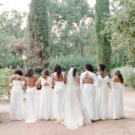 17 All-White Bridal Parties That Prove White Bridesmaid Dresses Are Here to Stay! Pre Wedding Party, Ivory Bridal Party, Ivory Bridesmaid Dresses, Contemporary Bridal, Bridesmaid Ideas, White Bridesmaid, Mismatched Bridesmaids, White Bridesmaid Dresses, Mismatched Bridesmaid Dresses