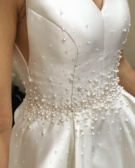 Wedding Gown With Pearl Beads, Silk Mikado Dress, White Gown With Pearls, Mikado Silk Dress Styles, Dress Pearls Detail, Beading Dress Detail, Pearl Beading Dress, Beaded Pearl Dress, Beads Dress Design