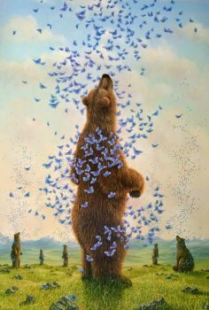 Brown Bears and Blue Butterflies (35 pieces) Art And Illustration, Art Fantaisiste, Bear Illustration, The Embrace, Bear Art, Contemporary Fine Art, Arte Animal, Childrens Illustrations, Whimsical Art