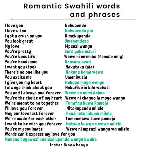 Some of the romantic swahili words to use at home or while traveling Swahili Words Beautiful, Beautiful African Words, Swahili To English Study Sets, Swahili Words And Meanings, Swahili Language Learning, Beautiful Swahili Words, Swahili Learning, Swahili Tattoo, Learning Swahili
