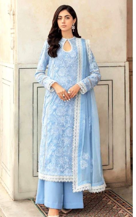 Pakistani Suits Chikankari, Chikankari Pakistani Suits, Couture, Pakistani Blue Suit, Sky Blue Indian Outfits, Lucknowi Dress Pattern, Light Blue Chikankari Kurta, Pakistani Lawn Suits Design 2022, Pakistani Embroidered Suits