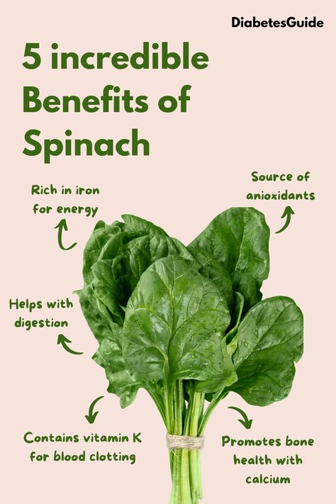 An image with spinach and the 5 incredible benefits : source of antioxidants, riche in iron for energy, premotes bone health with calcium, contains vitamin K for blood clotting and helps with digestion. Benefits Of Spinach, Anti Inflamatory Diet, Spinach Health Benefits, Spinach Benefits, Anti Inflamatory, Essential Nutrients, Vitamin K, Eat Smart, Culinary Skills