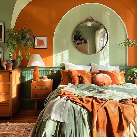 green_and_terracotta_bedroom 3 Rust Orange Bed Frame, Terracotta And Wood Bedroom, Dark Orange Bedroom Ideas, Dark Green Orange Bedroom, Green And Orange Bedroom Decor, Burnt Orange Room Ideas, Orange And Sage Green Bedroom, Sage Orange Bedroom, Green And Terra Cotta Bedroom