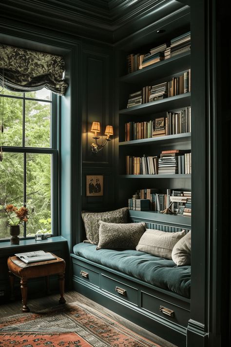 Forest Theme Dining Room, House Library Design, Regency Core Aesthetic Home, Entryway Study Room, Dark Moody Reading Nook, Girly Library Room, Whimsical Victorian Decor, Cozy Modern Office, 1890s Home Decor