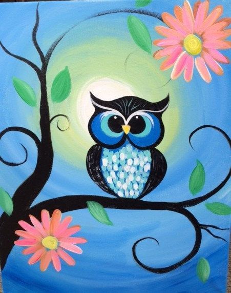 Image result for easy bird paintings on canvas for beginners Pictures Of Owls To Paint, Nursery Painting Ideas Canvas, Mom And Me Painting Ideas, Owl Paintings On Canvas Easy, Owls Paintings, Whimsical Art Paintings Acrylics, Kids Painting Ideas On Canvas, Paint Nite Ideas, Whimsical Art Animals