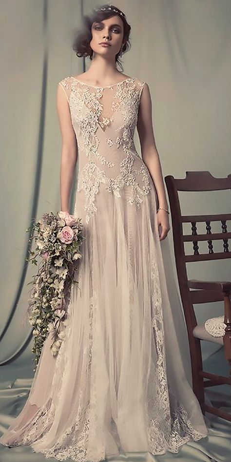 boho vintage wedding dresses lace straight illusion neckline hilla gaon 30 Vintage Wedding Dresses, Boho Vintage Wedding, Wedding Dresses Vintage 20s, Antique Wedding Dresses, Vintage Wedding Dress Boho, Vintage Boho Wedding, Vintage Style Wedding Dresses, Wedding Dress Guide, Boho Wedding Dress Lace