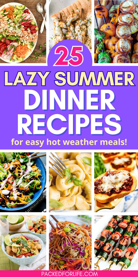 Nine summer dinner recipes; salads, tacos, grilled skewers, tortillini salad. Essen, Cool Meals For Summer, Dinner Ideas Not Chicken, Summer Recipes For Hot Days, Easy Summer Time Meals, Easy Hot Day Dinner Ideas, Summer Kids Dinner Ideas, Great Summer Dinners, Dinners For Hot Weather