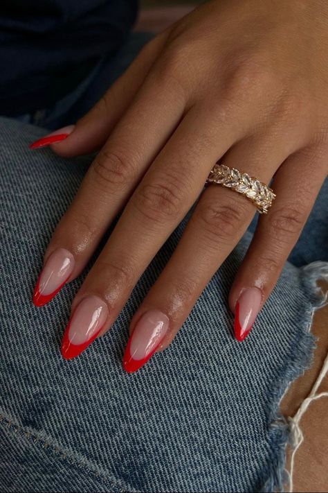 Red French Tips With Chrome, Red Almond Tip Nails, Red French Nails Acrylic, Red French With Chrome, Red Nails Stiletto Almond, Red Design Nails Almond, Madelaine Petsch Nails, Red Nails Summer 2024, French Nails Ideas Colored