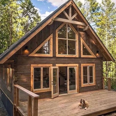 Rustic Cabin Exterior Color Schemes, Lake Cabin Exterior, Camping Architecture, Cabins Plans, Small Cabin House Plans, Mountain Cabin Plans, Cabin Colors, Blueprint Construction, Shed Tiny Home