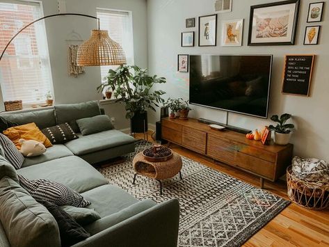 Small Modern Apartment Aesthetic, Denver Apartment Aesthetic, Living Room Designs White Walls, Rowhome Interior Design, Small Cozy Apartment Decor, Mcm Apartment Decor, Grey Couch Living Room Ideas Boho, Floating Couch In Living Room, No Tv Living Room Layout