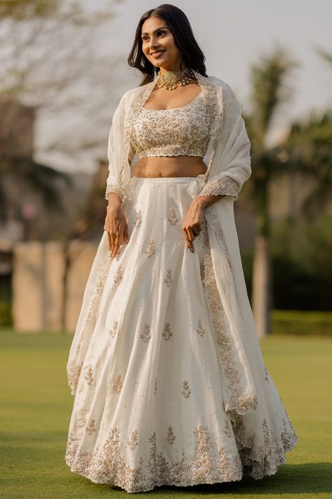 Designer Lehengas: Buy Bridal Lehengas, Wedding Lehengas Online 2022 Floral Bridal Lehenga, Ivory Lehenga, Sheer Dupatta, White Lehenga, Embroidered Lehenga, Designer Party Wear Dresses, Indian Fashion Designers, Indian Wedding Dress, Silk Organza