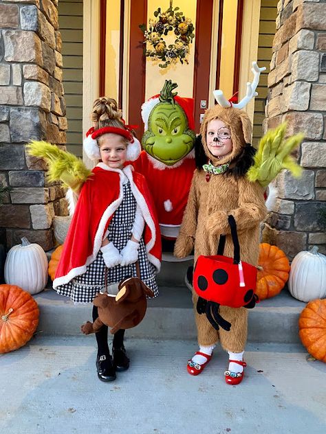 The Grinch Halloween Costumes- Grinch, Cindy Lou Who and Max Natal, Grinch Cindy Lou Who Max Costume, Cindy Lou Who Photoshoot, The Grinch Family Halloween Costumes, Max Costume Grinch, The Grinch Family Costumes, The Grinch Trunk Or Treat, Easy Grinch Costume, Grinch Characters Costumes