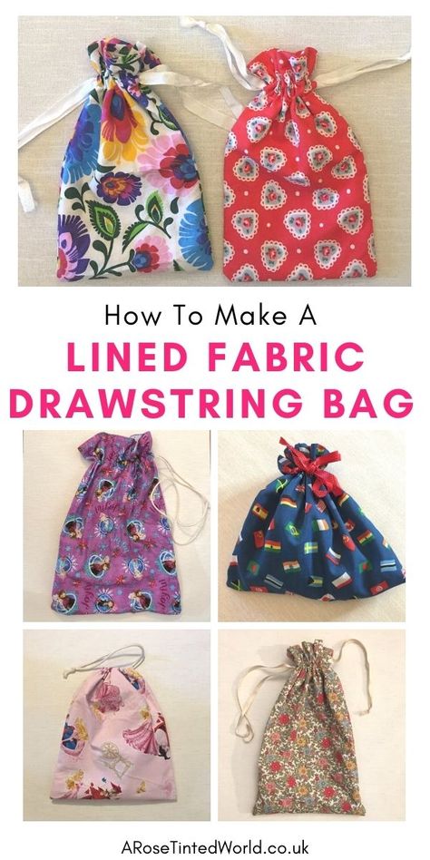 How To Make Lined Drawstring Bags, Tela, Fabric Drawstring Gift Bags, Mini Drawstring Bag Sewing Pattern, Lined Gift Bag Tutorial, Making A Drawstring Bag, Lined Drawstring Bag Diy, Easy Sew Drawstring Bag, Sewing Gift Bags How To Make