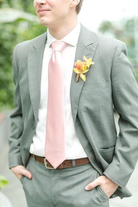 Pink and Green Lush Tropical Summer Wedding at the Crystal Gardens in Navy Pier Chicago, Illinois, Blush and Gray Groom Suit | by Megan Goggins Photography Green Pink And White Wedding, Blush Wedding Groomsmen, Gray Groom Suit, Vibrant Tropical Wedding, Blush Groomsmen, Pink Groomsmen, Crystal Gardens, Green Suit Men, Green Wedding Suit