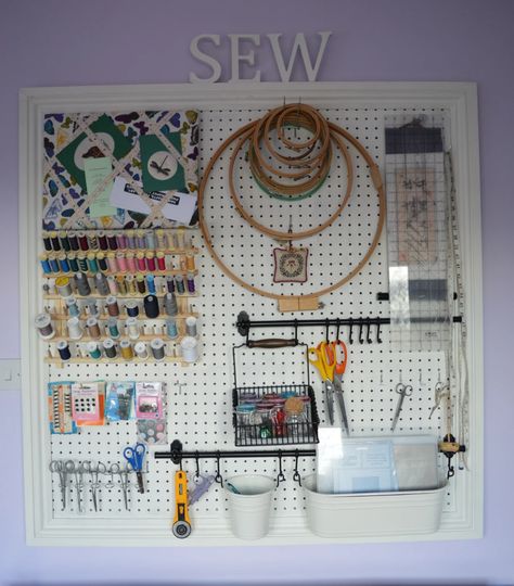 Sewing Room Pegboard | thecraftycreek Organisation, Sewing Room Layout, Small Sewing Room, Sewing Studio Space, Room Pegboard, Large Pegboard, Sewing Closet, Small Sewing Rooms, Sewing Shed