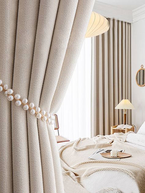 Beige  Collar  Polyester Plain Blackout Curtains Embellished   Home Textile Cream Living Room Curtains, Beige And White Curtains Living Room, Beige Curtains Bedroom Ideas, Curtain For White Walls, Cream Curtains Bedroom, Cream White Curtains, White Bedroom Curtain Ideas, Curtain Colors For Beige Walls, White Curtains Aesthetic