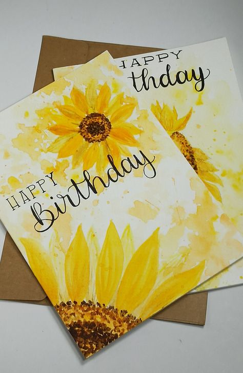 Inside Card Decoration Ideas, Painting Ideas For Birthday Cards, Hand Painted Cards Birthday, Sunflower Birthday Cards Handmade, Greetings Card For Birthday, Cute Handmade Cards Birthday, Birthday Card For Artist, Aesthetic Greetings Card, Greeting Cards Handmade Watercolor