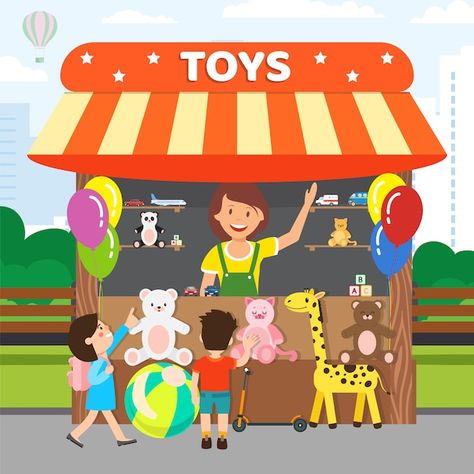 Toys Market, Carnival Birthday Party Theme, Diy Straw, Kids Cartoon Characters, Class Displays, Kids Toy Shop, Carnival Birthday Parties, Shop Illustration, Carnival Themes