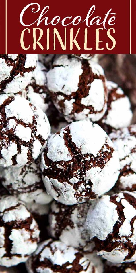 Chocolate crinkle cookies! Chocolate dough rolled in powdered sugar and baked into a festive black and white cookie. They're the perfect Christmas cookies! #ChristmasCookie #Cookie #Chocolate #Crinkles #simplyrecipes Crinkle Cookies Chocolate, Cookies Crinkle, Chocolate Crinkles Recipe, Chocolate Dough, Chocolate Crackle Cookies, Chocolate Crinkle Cookies Recipe, Cookies Pumpkin, Crinkle Cookies Recipe, Chocolate Crinkle