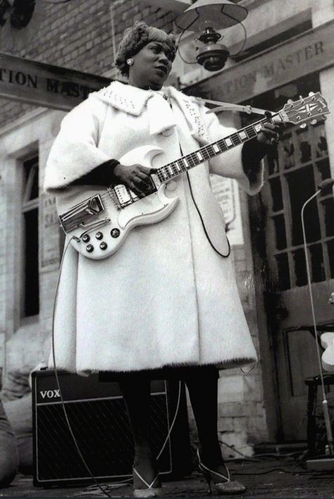 Sister Rosetta Tharpe – gospel music’s first superstar. the godmother of rock and roll, “the original soul sister,” reconstructionist – waiting for The Blues Train in Chorlton, 1963. Sister Rosetta Tharpe, Rosetta Tharpe, The Godmother, Blue Train, Blues Musicians, Blues Artists, Female Guitarist, Musica Rock, Rock N’roll