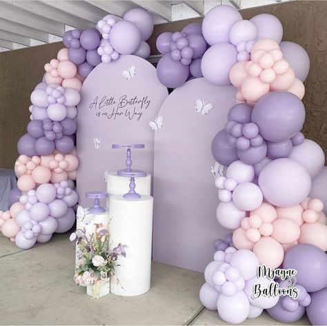 Purple Themed 21st Birthday Party, Purple And Lilac Party Decor, Lilac Balloon Backdrop, Purple Themed 1st Birthday Party, Purple Butterfly Baby Shower Backdrop, Butterfly Balloons Decorations, Purple Butterfly Theme Birthday Party Decoration, Purple Butterfly 1st Birthday Party, Pastel Pink Purple And White Butterfly Baby Shower Theme