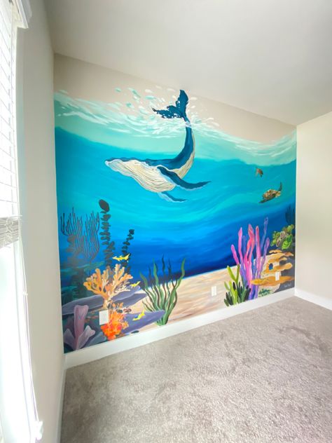 Located in Gainesville, GA! Mural Sea Wall Art, Under The Sea Murals Ocean Themes, Underwater Wall Painting, Ocean Mural Nursery, Under The Sea Mural Painting, Underwater Mural Painting, Underwater Bedroom Theme, Ocean Mural Painting, Garage Mural Ideas