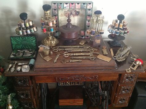 I love the effort of design and craftsmanship that was put into items of regular use in the Victorian era, they are stunning works of art Victorian Sewing, Sewing Set, Bank Deposit, Money Order, Sewing Room Decor, The Victorian Era, Sewing Workshop, Half Dolls, Victorian House