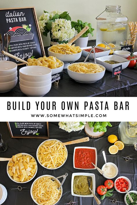 pasta bar set out on a table Build Your Own Pasta Bar, Dinner Party At Home, Bar Printables, Easy Italian Pasta, Party Food Bars, Team Dinner, Italian Dinner Party, Italian Party, Bar Mix